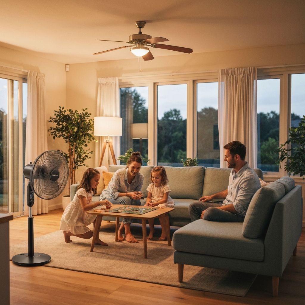 Familia disfrutando de la frescura del ventilador